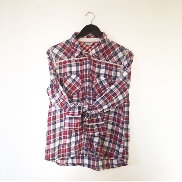 Guess Red Plaid Lace Detail Button Down Long Sleeve Shirt - Picture 2 of 6